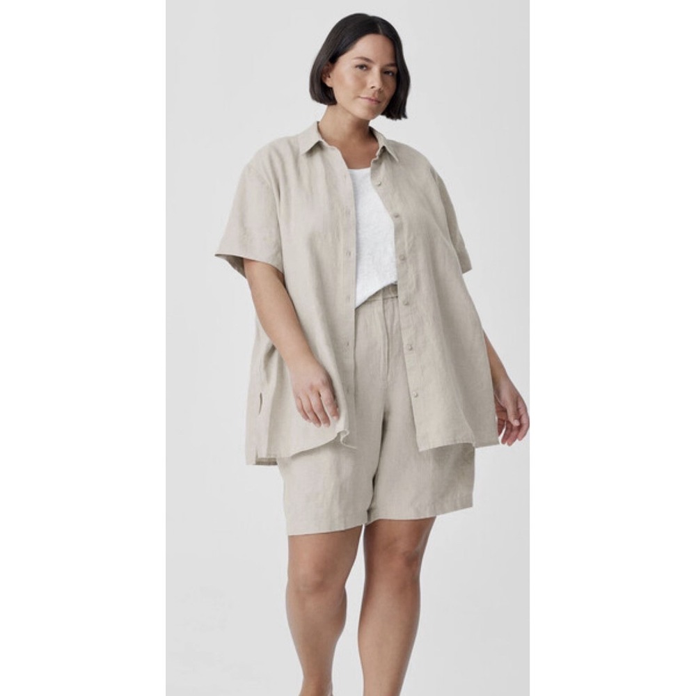 Eileen Fisher Short Sleeve Organic Linen Button-up Undyed Natural Lagenlook